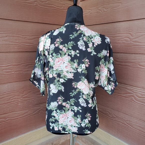 Women's Open Front Black Floral Print Semi-Sheer Kimono Flowy Boho NWOT - Picture 10 of 10